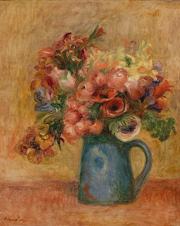 Artivare Fine Art Print of a tonal floral arrangement in a blue pitcher on a textured surface