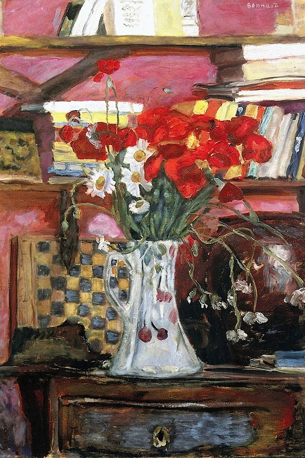 Artivare Fine Art Print of a still life painting with flowers in a vase on a table, with books and a checkered board in the background.