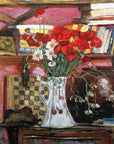 Artivare Fine Art Print of a still life painting with flowers in a vase on a table, with books and a checkered board in the background.