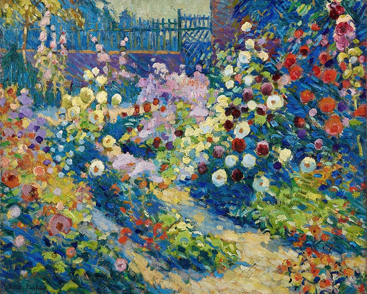 Artivare Fine Art Print of a colorful garden scene with roses and a path