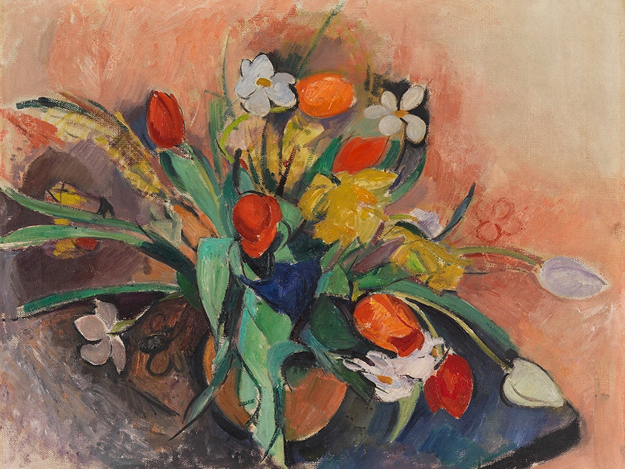 Artivare Fine Art Print of a still life painting of spring flowers in a vase with a textured background