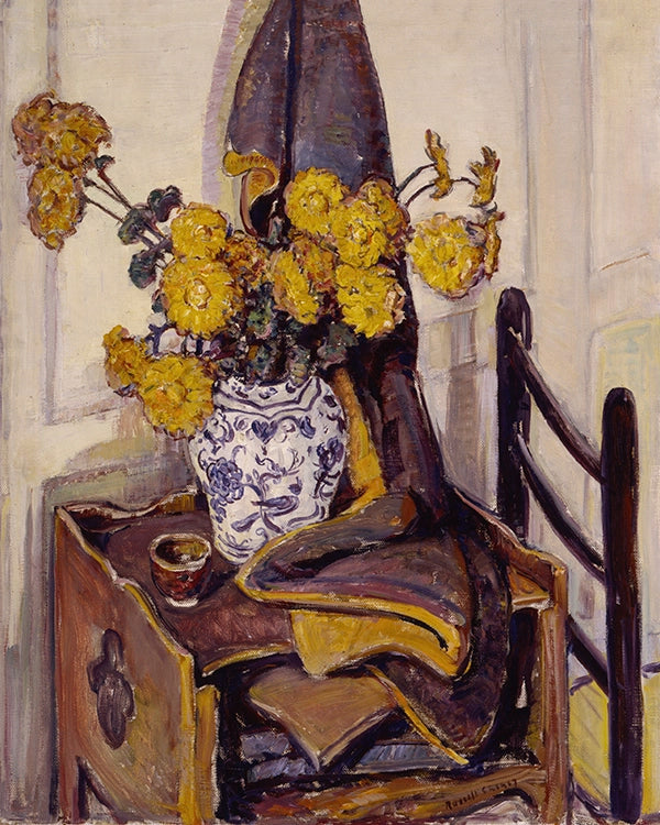 Artivare Fine Art Print of a chair with a vase of yellow flowers and a small table in a room setting