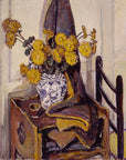 Artivare Fine Art Print of a chair with a vase of yellow flowers and a small table in a room setting