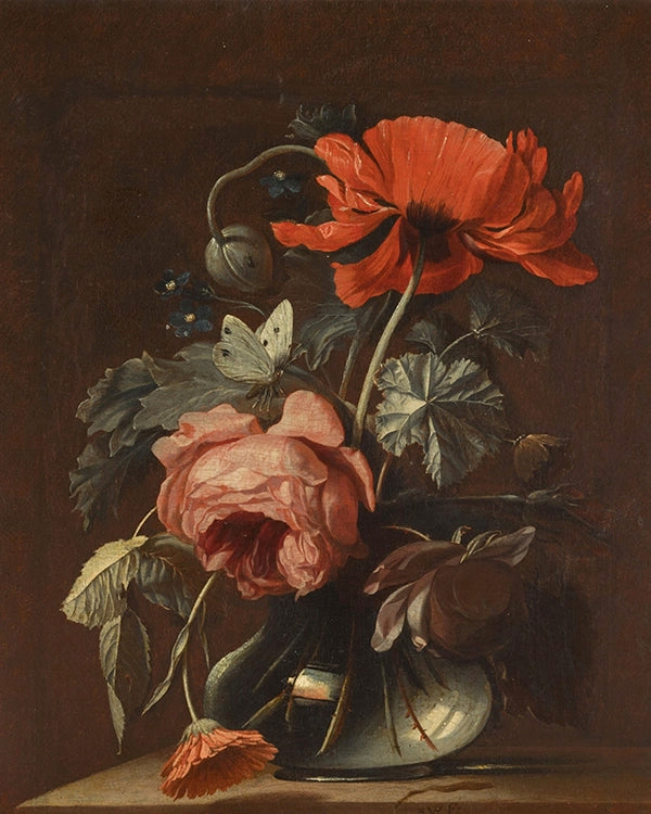 Artivare Fine Art Print of a still life painting of flowers and a butterfly on a dark background