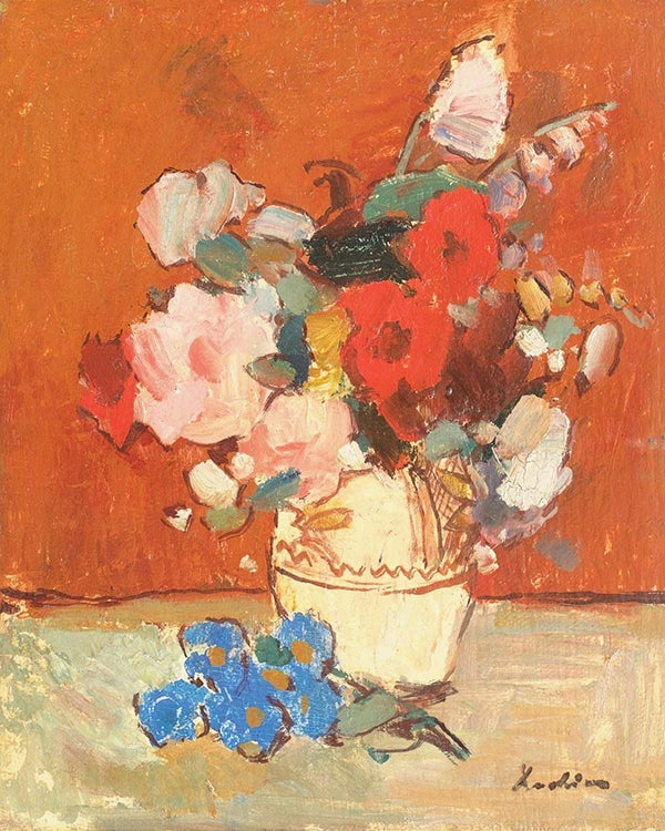 Artivare Fine Art Print Still life painting of flowers in a vase on an orange background
