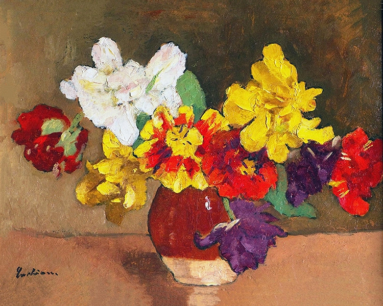 Artivare Fine Art Print of a still life painting of colorful flowers in a vase on a brown background