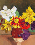 Artivare Fine Art Print of a still life painting of colorful flowers in a vase on a brown background
