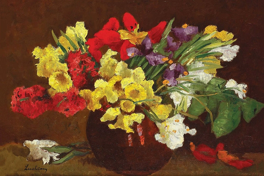  Artivare Fine Art Print of a still life painting of a bouquet of flowers in a vase on a dark background
