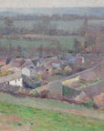 Artivare Fine Art Print of a painting of a village landscape with fields and trees in a muted palette. 