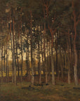 Artivare Fine Art Print of a painting of a forest with tall trees and a sunset or sunrise in the background.