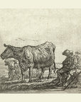 Artivare Fine Art Print of a vintage etching of a cow and two people sitting on the hay with a landscape background