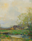Artivare Fine Art Print of a landscape painting of a rural scene with a house, trees, and pond in the springtime.